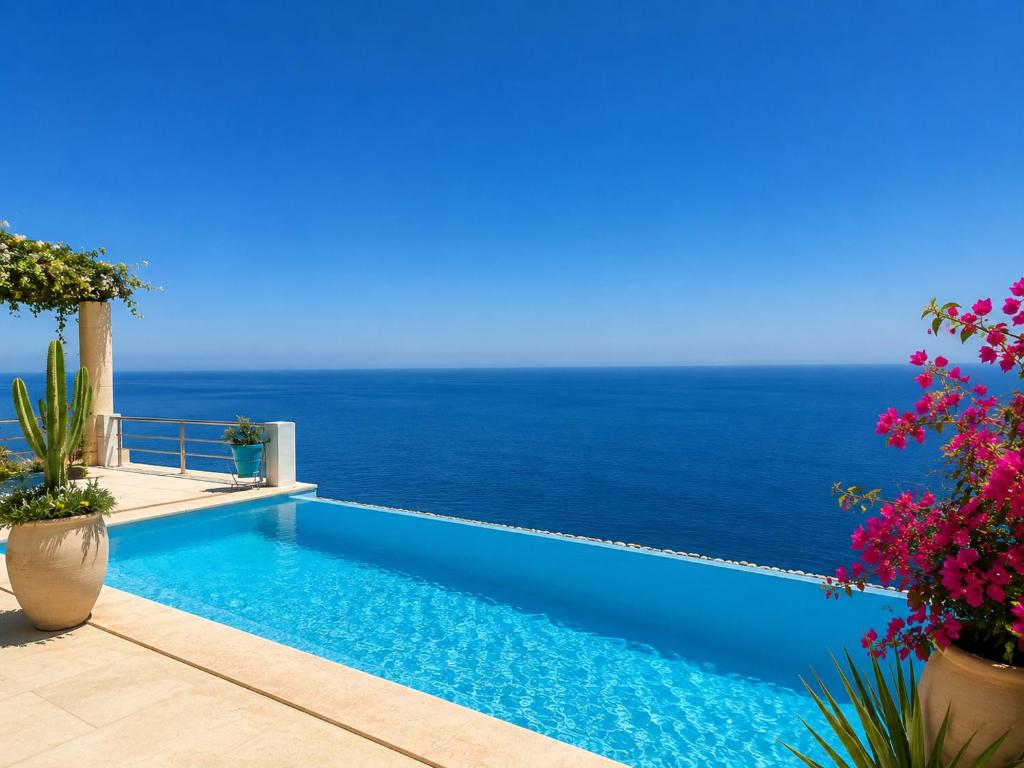 a swimming pool with the ocean in the background at Sensia Mediterranean Escape in Aouchtame