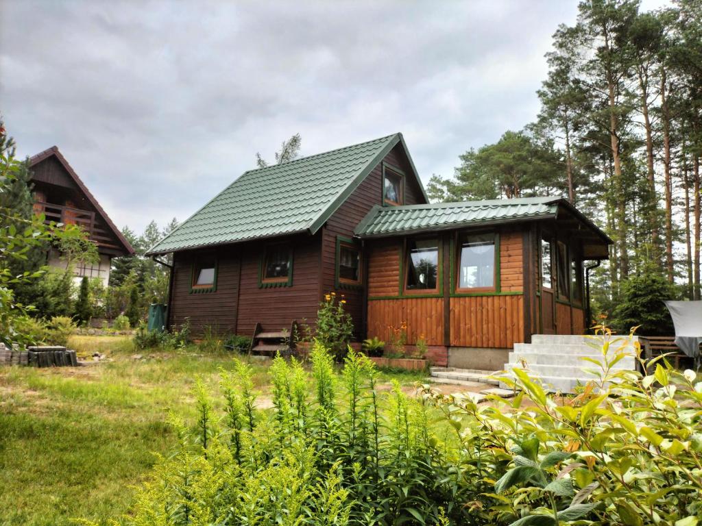a cabin in the woods with a green roof at Zielony domek na Kaszubach in Raduń