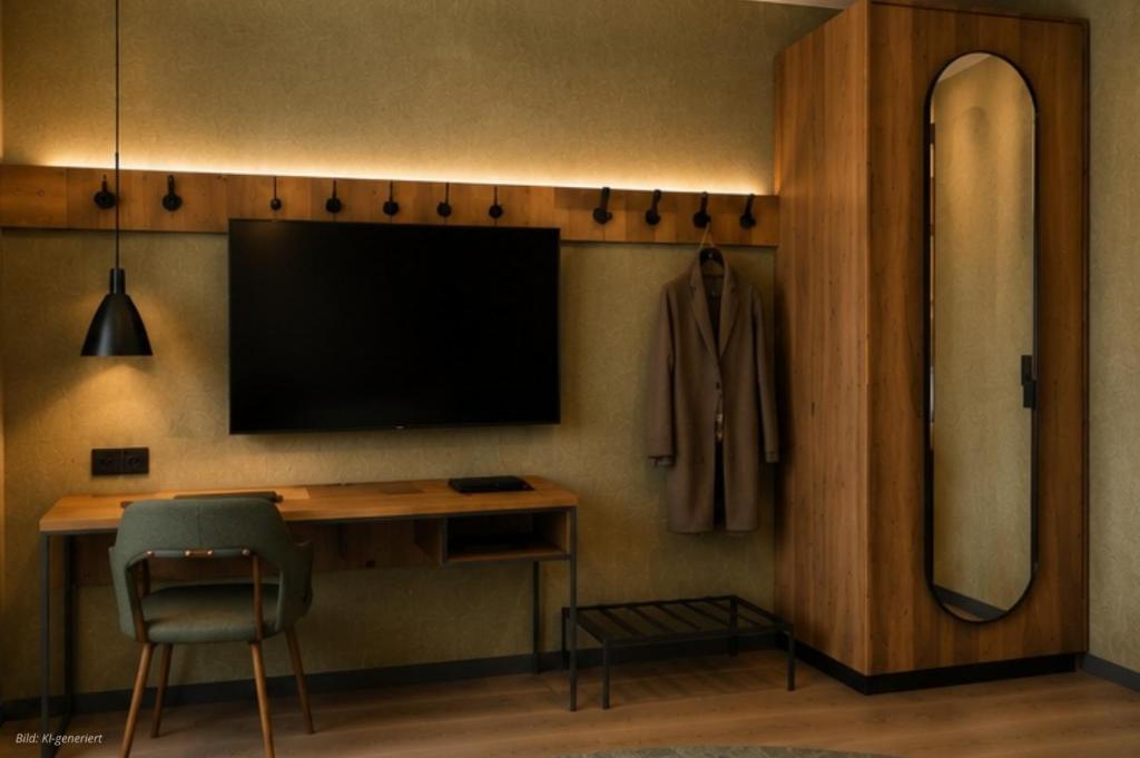 a room with a desk and a television and a chair at RiKu Hotel Giengen in Giengen an der Brenz