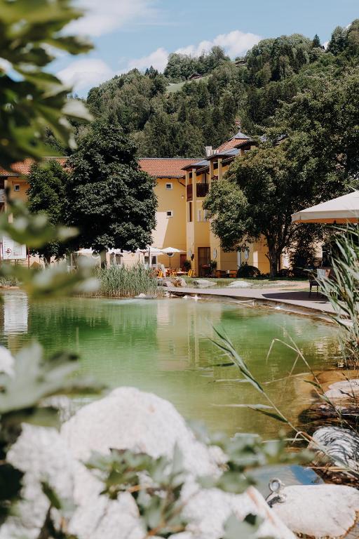 a pool of green water in front of a building at Lerchs Landhotel in Sankt Johann im Pongau