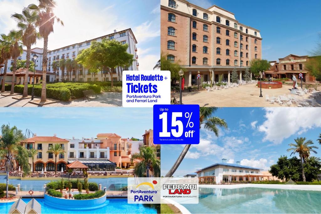 a collage of pictures of a hotel at PortAventura Hotel Roulette - Includes unlimited access to PortAventura Park & 1 access to Ferrari Land in Salou