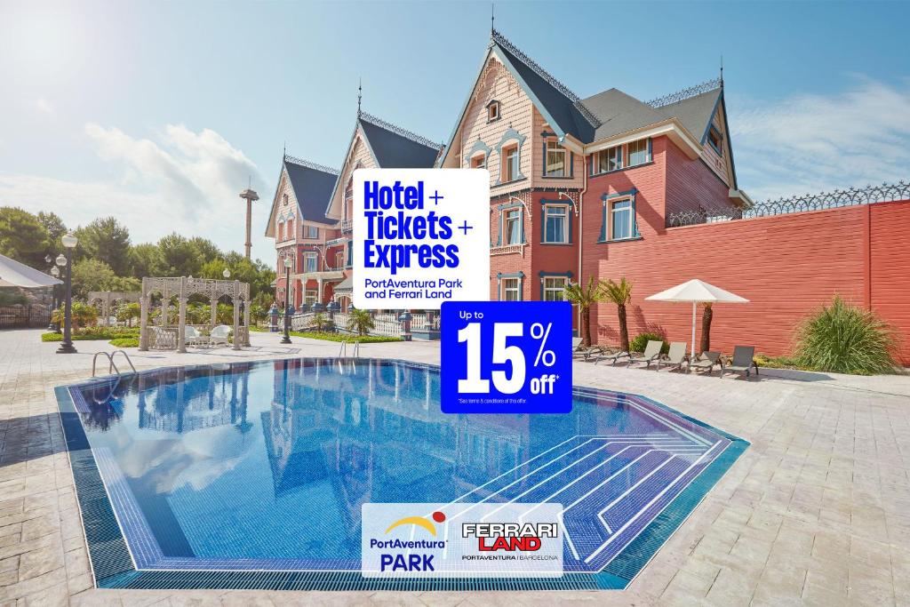 a house with a price sign next to a swimming pool at PortAventura Hotel Lucy's Mansion - Includes unlimited access & Express wristband to PortAventura Park & Ferrari Land in Salou