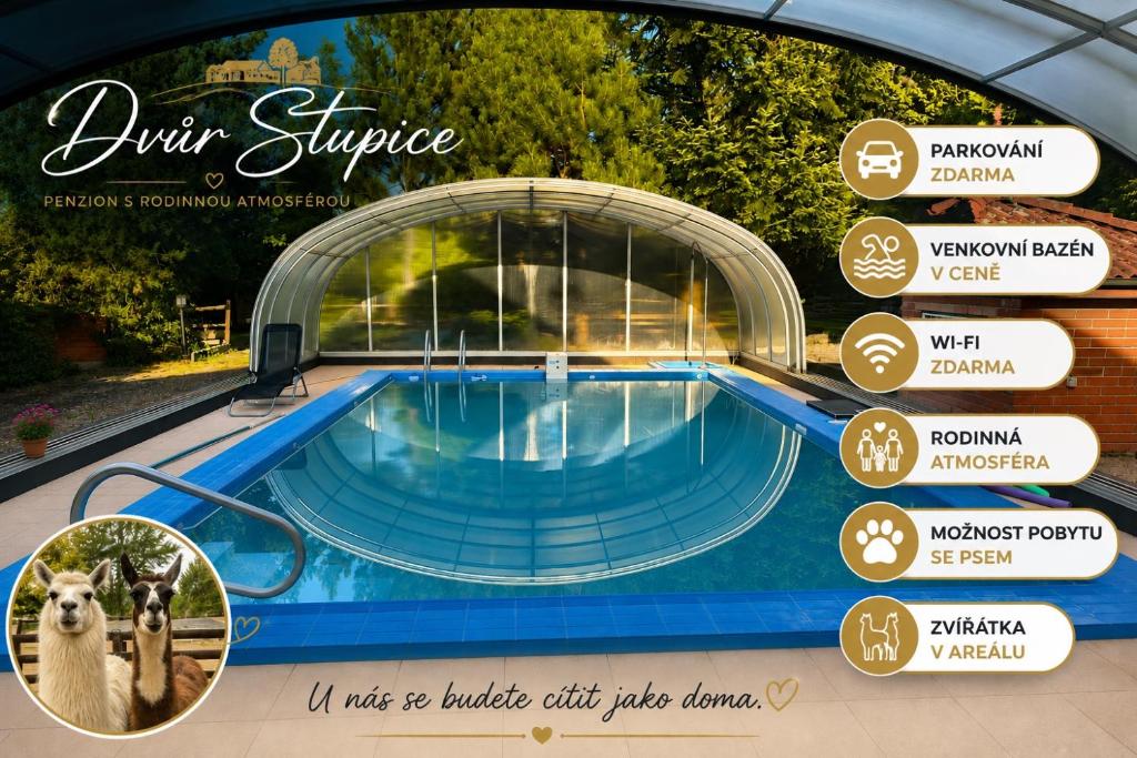 a swimming pool with a sign that says durkin syringe at Dvůr Stupice in Stupice