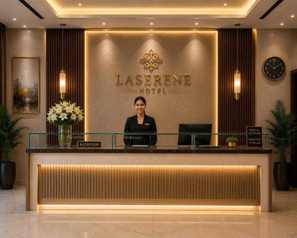 a woman standing behind a counter in a hotel lobby at Hotel La Serene in Agra