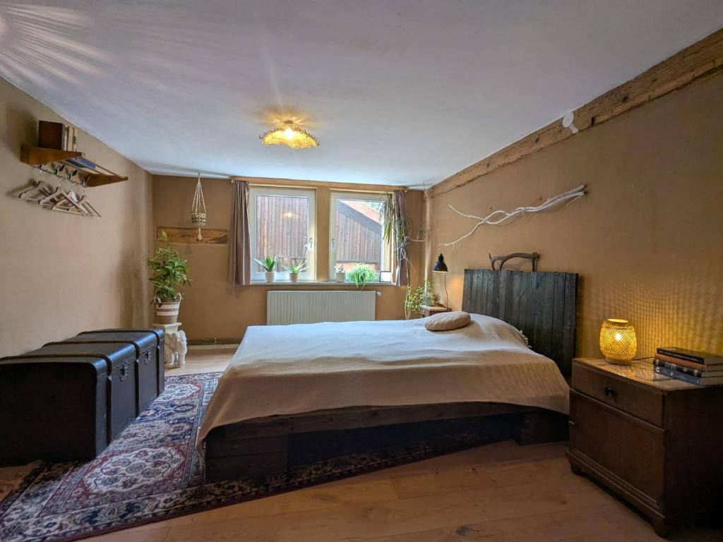 a bedroom with a large bed and a window at Wohnung am Waldrand in Lerbach
