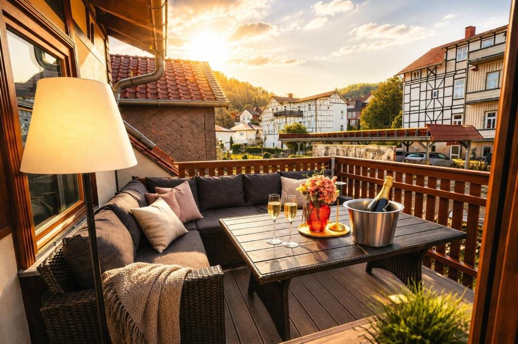 a patio with a couch and a table on a balcony at Ferienwohnungen an der alten Stadtmauer in Blankenburg
