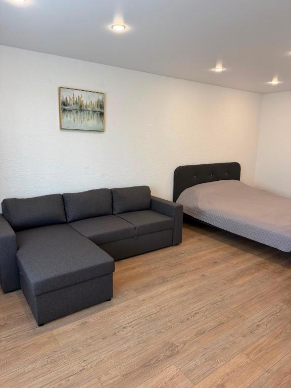 a living room with a couch and a bed at Bright & Brand New Appartment in Liepāja
