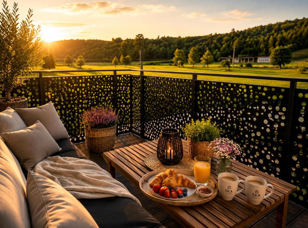 a coffee table with a bowl of fruit and a plate of food at Romantic Sunset Retread I 4 Min to A2 I E-Bikes I Near Ljubljana in Velika Loka