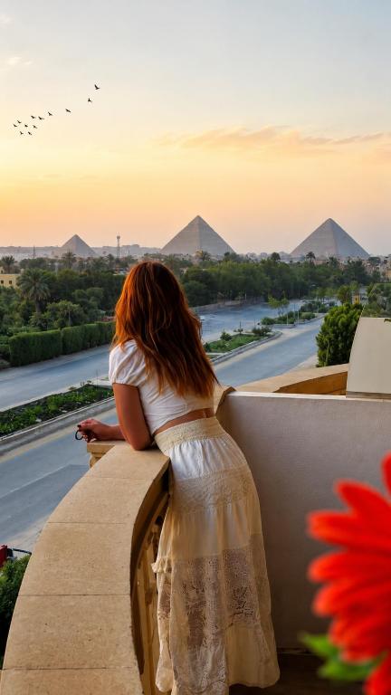 a woman sitting on a ledge looking at the pyramids at Pyramids sunrise inn in Cairo