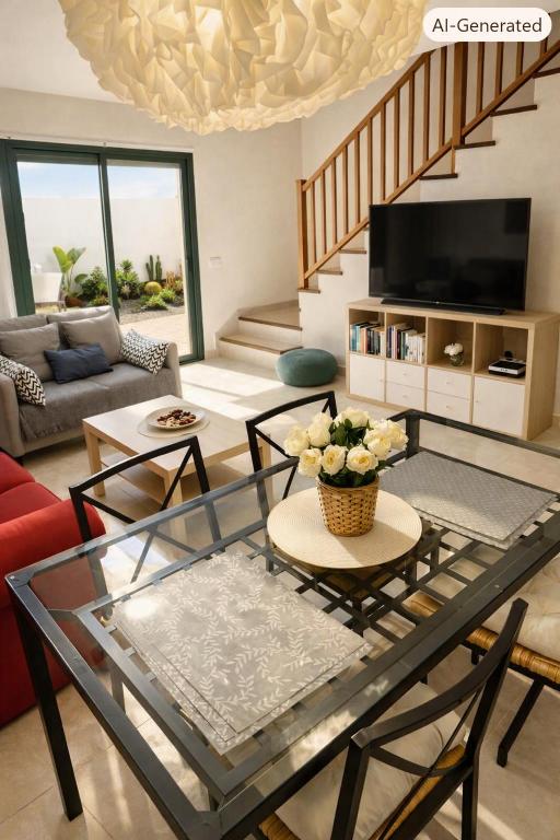 a living room with a glass table and a couch at La Pituca in Playa Blanca