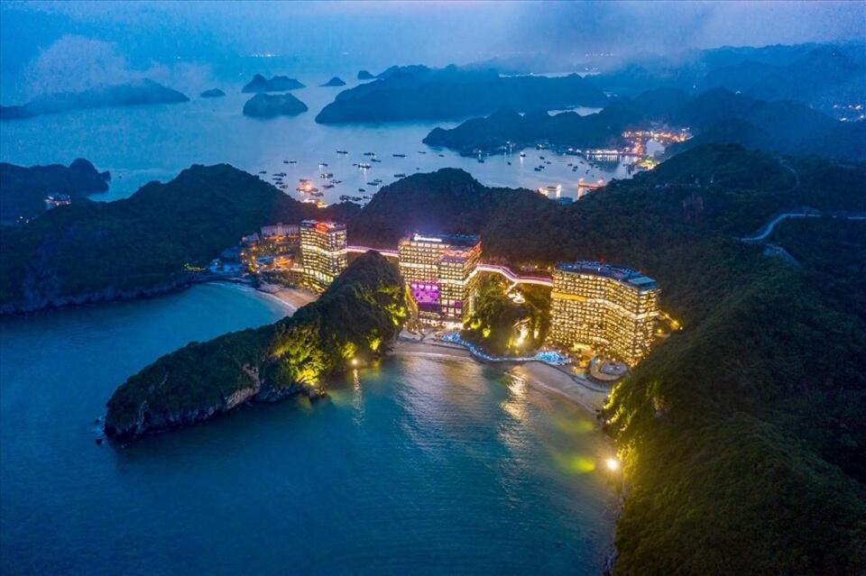an aerial view of a city at night at Flamingos Cat Ba pre núi in Cat Ba