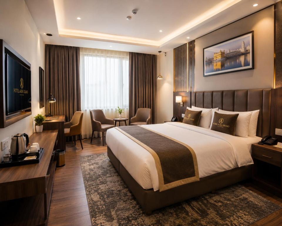 a hotel room with a large bed and a desk at the glory stay in Amritsar