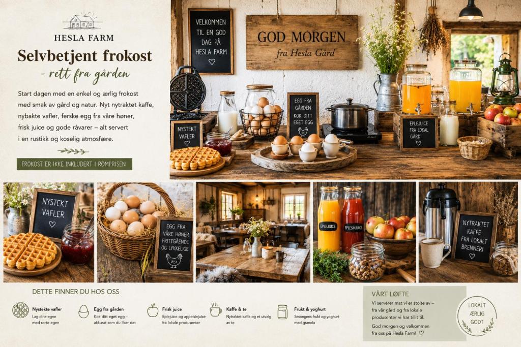 a collage of photos of a kitchen with eggs in baskets at Hesla Farm in Gol