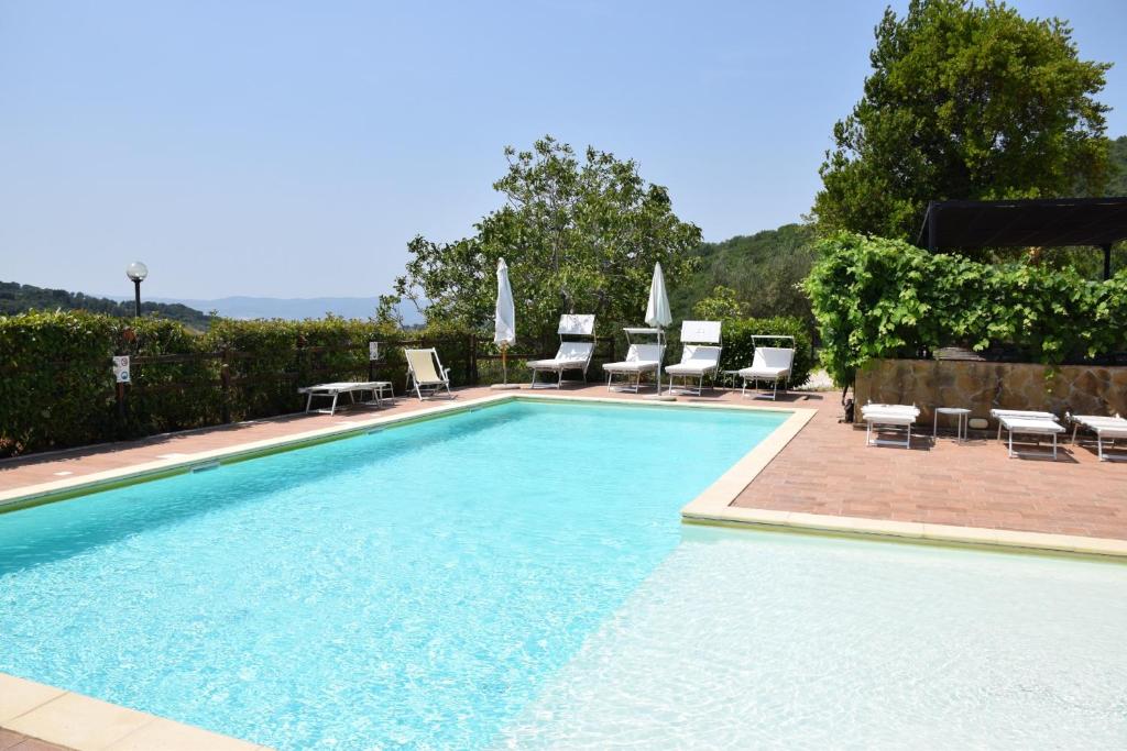 a swimming pool with lounge chairs and a group at Agriturismo Colle Pu in Assisi