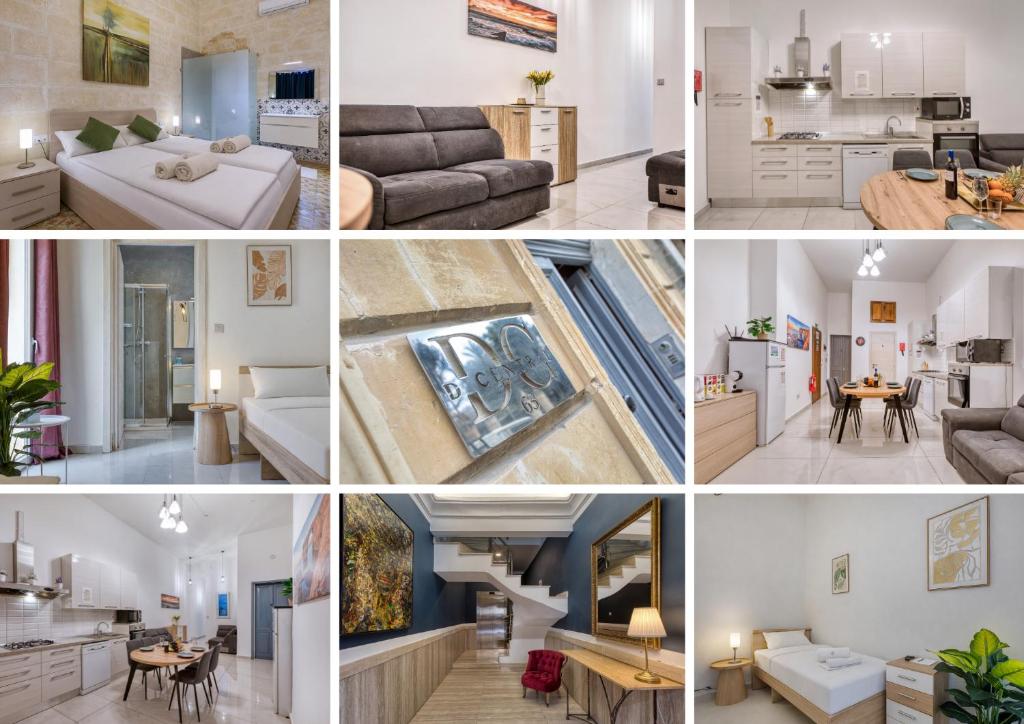 eine Fotocollage eines Wohnzimmers und einer Küche in der Unterkunft Heart of Gozo - Modern Rooms in shared Apartment - Victoria D-Central opposite Duke Shopping Center in Victoria