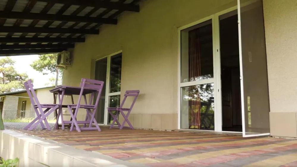 two purple chairs and a table on the porch of a house at Море і Сосни in Koblevo