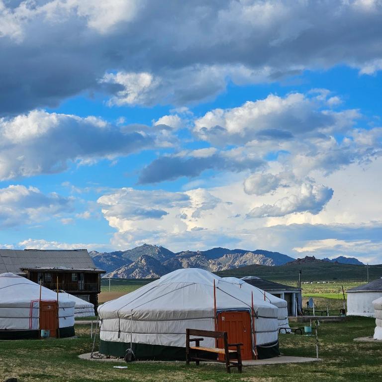two white tents in a field with mountains in the background at Mongol Altai Tour Camp in Högönö-Taranaiin-Hüree