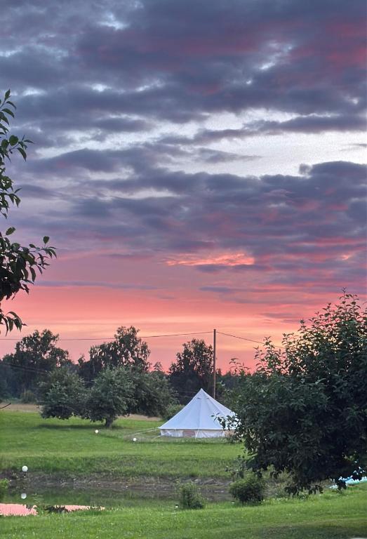 a white tent in a field with a sunset at Vallimäe Glamping Otepää in Mägestiku