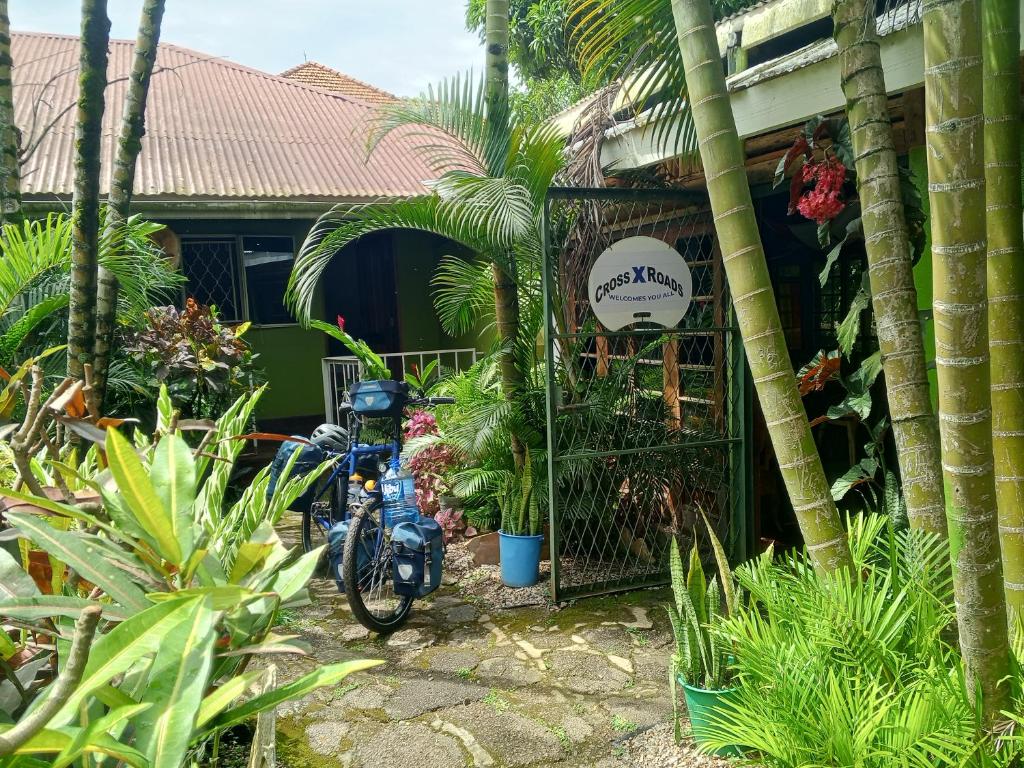 a bike parked in front of a building with plants at Cross Roads BackPackers Entebbe in Entebbe