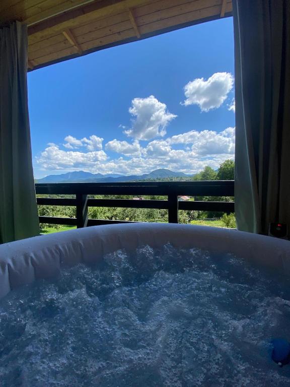 a bath tub with a view of the mountains at Casa Tamy Bran in Sohodol