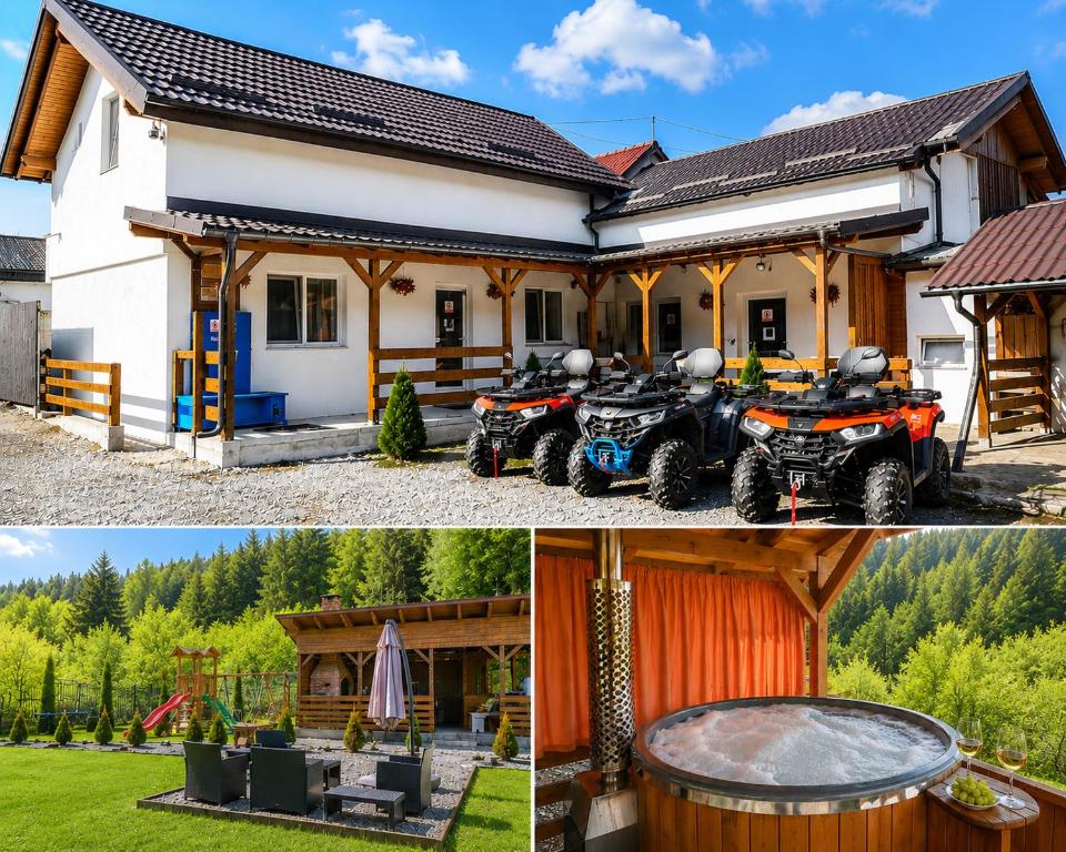 a house with two atvs parked in front of it at Cabana La Batranu-ciubar&atv in Borşa