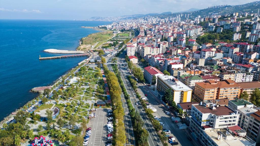 an aerial view of a city next to the water at Sera Lake Center Hotel in Trabzon