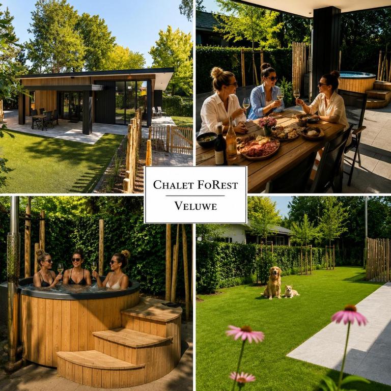 a collage of photos with people in a garden at Chalet FoRest Veluwe with private hottub & incl wood! in Putten