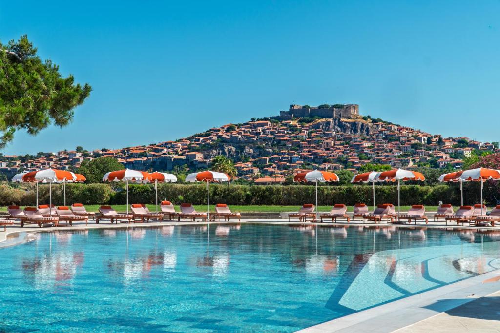 a swimming pool with chairs and umbrellas and a hill at Hotel Delfinia in Mythimna