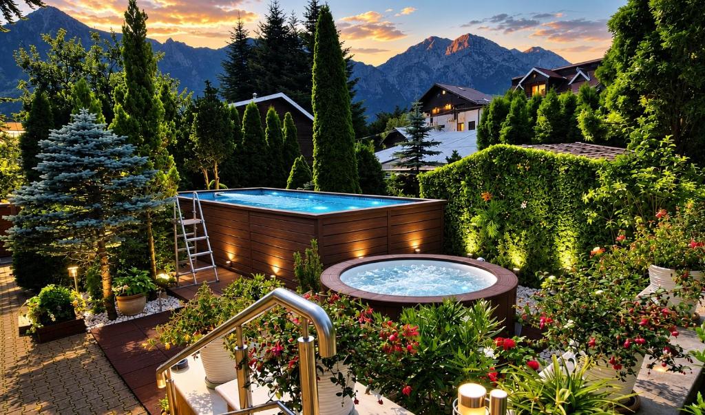 ein Whirlpool in einem Garten mit Blumen und Bäumen in der Unterkunft FOREST RETREAT Luxury Villas in Buşteni