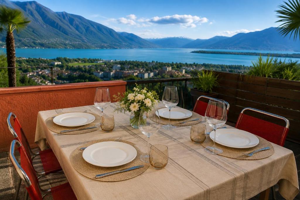 a table with plates and wine glasses and a view at Casa Colombina & Studio by Fewotessin in Gordola