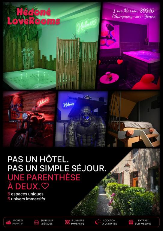 a collage of pictures of a hotel with a poster at Hédoné LoveRooms in La Chapelle