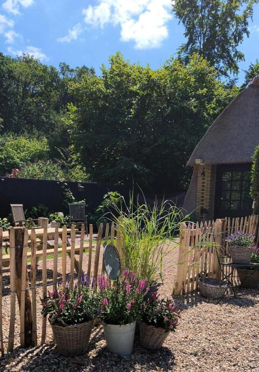 a wooden fence with potted plants in a garden at Kleine Buur in Warnsveld