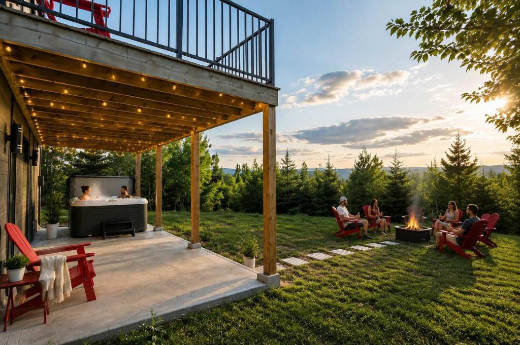 a group of people sitting around a fire pit in a yard at Apex Nuage - Spa Game Room & Panoramic Views in Saint Come