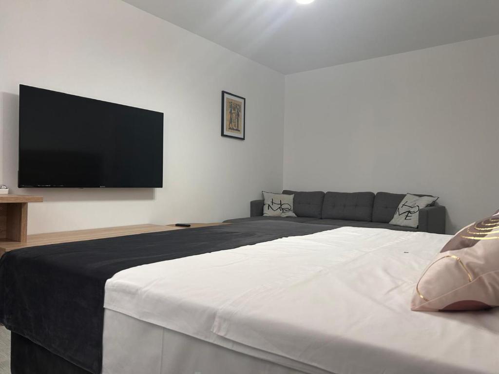 a bedroom with a large bed and a flat screen tv at Mangalia Cozy Suite in Mangalia
