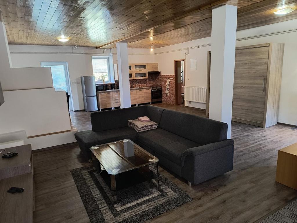 a living room with a couch and a coffee table at Volšovy Apartment in Sušice