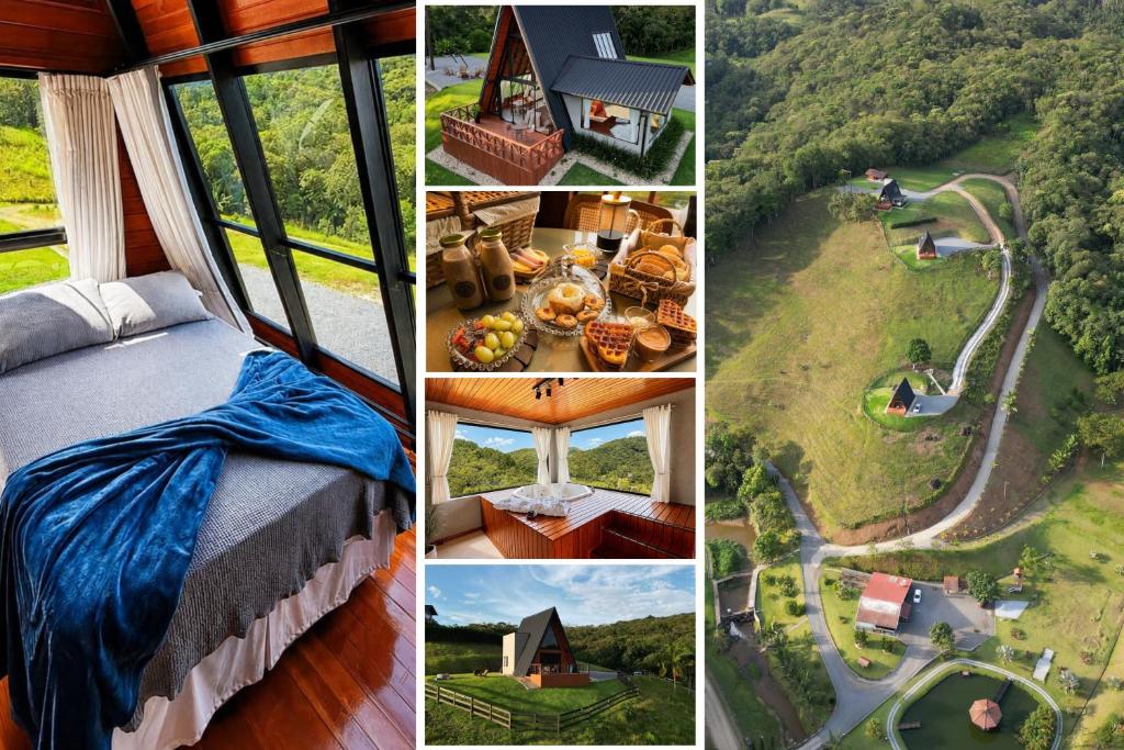 a collage of four pictures of a house at Chalés Aframe com café da manhã artesanal, 39km de Pomerode, Hidromassagem privativa, silenciosos em meio a natureza, lagoa para pesca esportiva in Massaranduba