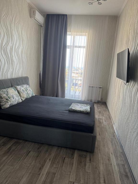 a bedroom with a bed with a television and a window at Апартаменти біля чорноморського моря in Fontanka