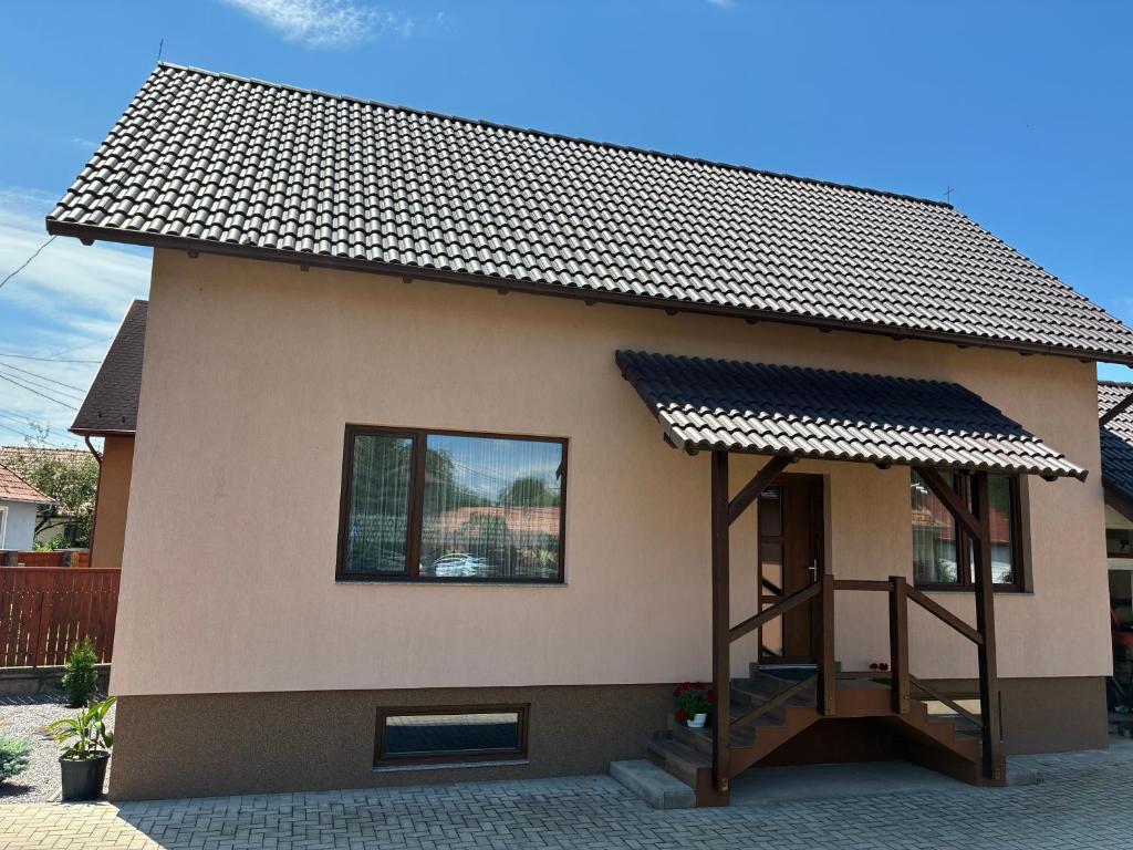 a small house with a black roof at Barabás Guest House in Brădeşti