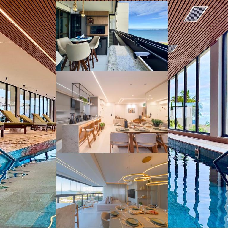 a collage of photos of homes and a swimming pool at Apartamento em Condomínio Frente-Mar com Piscinas, Jacuzzi Aquecida, Sauna, Academia, Brinquedoteca, Churrasqueira na Sacada, Cozinha Completa in Piçarras