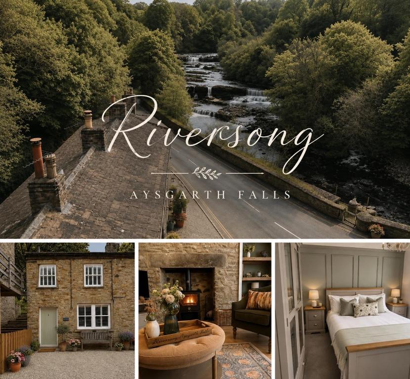 a collage of photos with a hotel room and a river at River Song, Aysgarth Falls in Leyburn