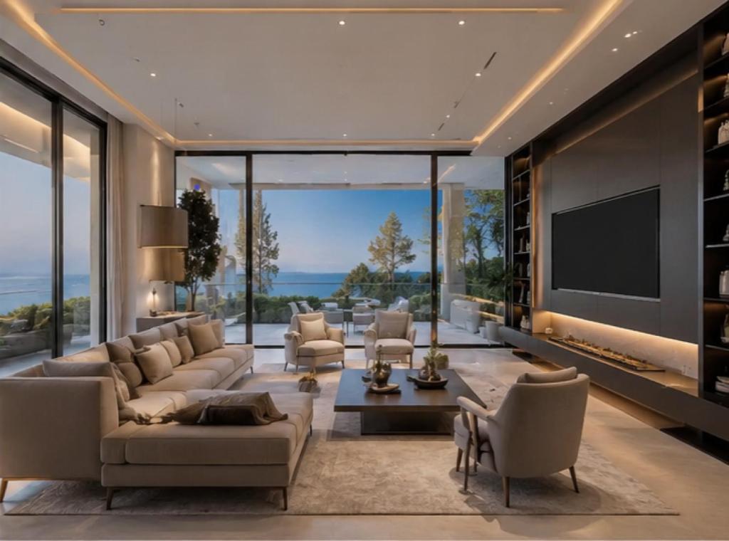 a living room with couches and a tv and large windows at vila del paraíso in Castelldefels