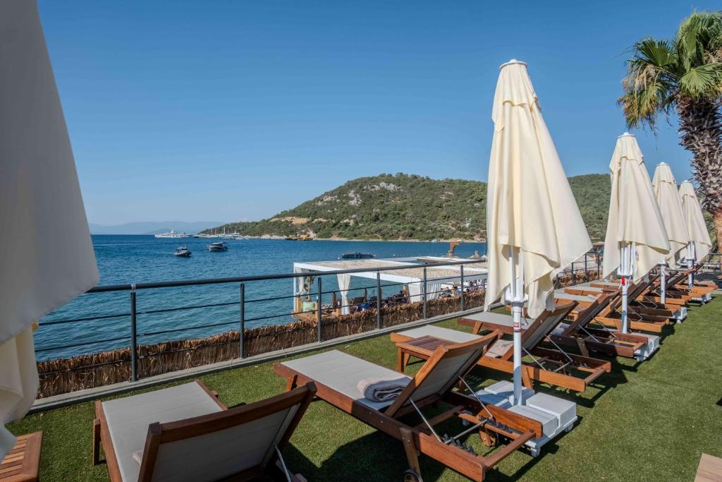 a row of chairs and umbrellas on a beach at Ondo Beach & Suites in Bodrum City