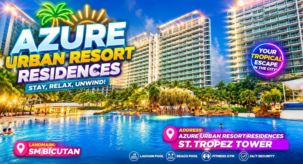a poster of a resort with a large swimming pool at Azure Urban Resort Residences St Tropez Tower Near SM Bicutan with Wave Pool in Manila