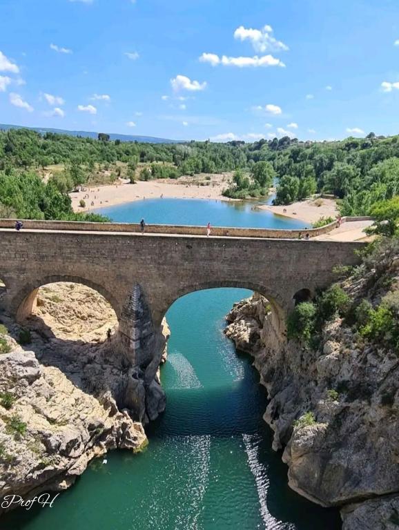 a bridge over a river with people walking on it at L’Echappée Belle in Saint-Jean-de-Fos