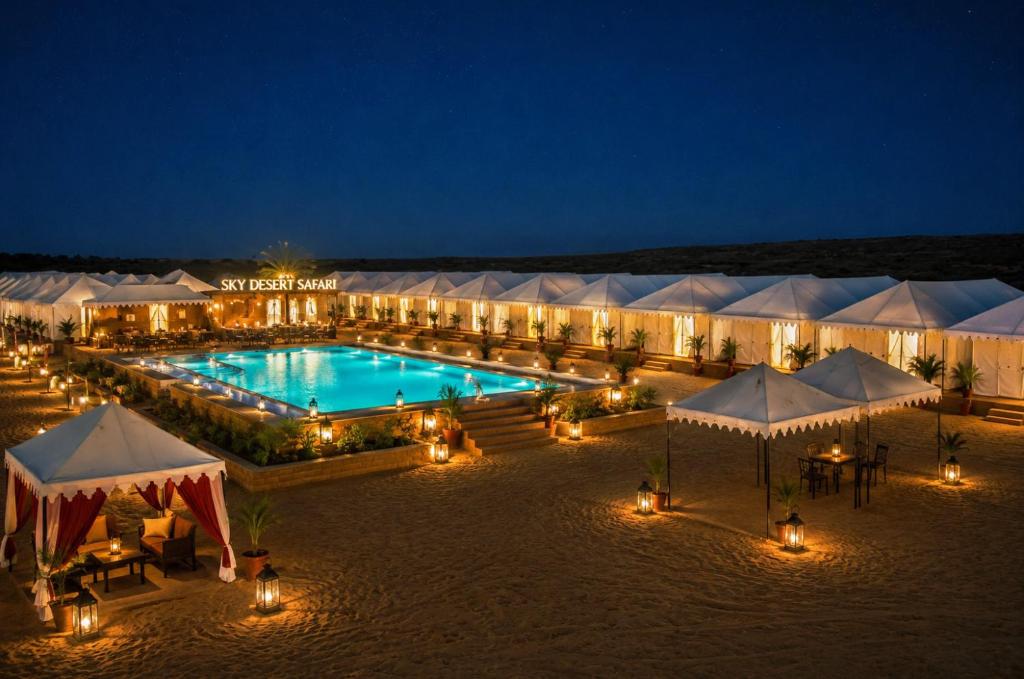 a resort with a swimming pool at night at Sky Desert Safari Jaisalmer & Spa in Jaisalmer