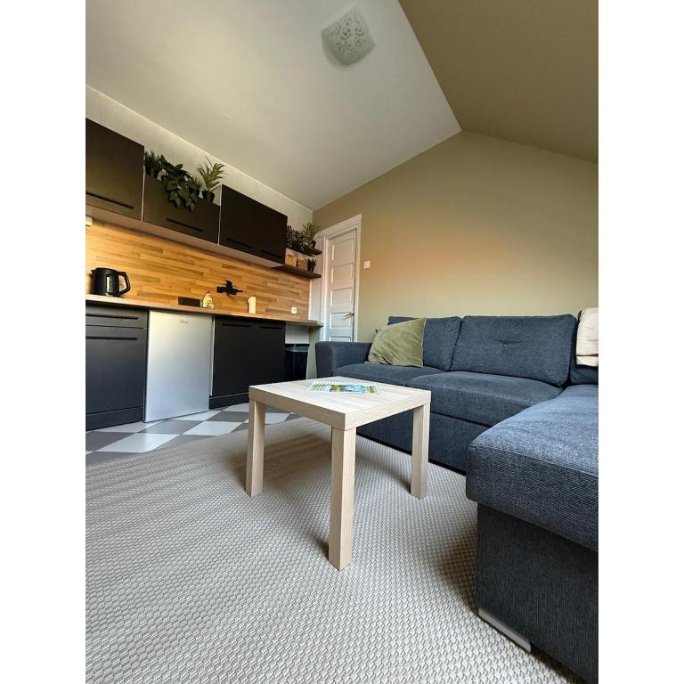 a living room with a blue couch and a table at TIÉD Apartman in Kiskunmajsa