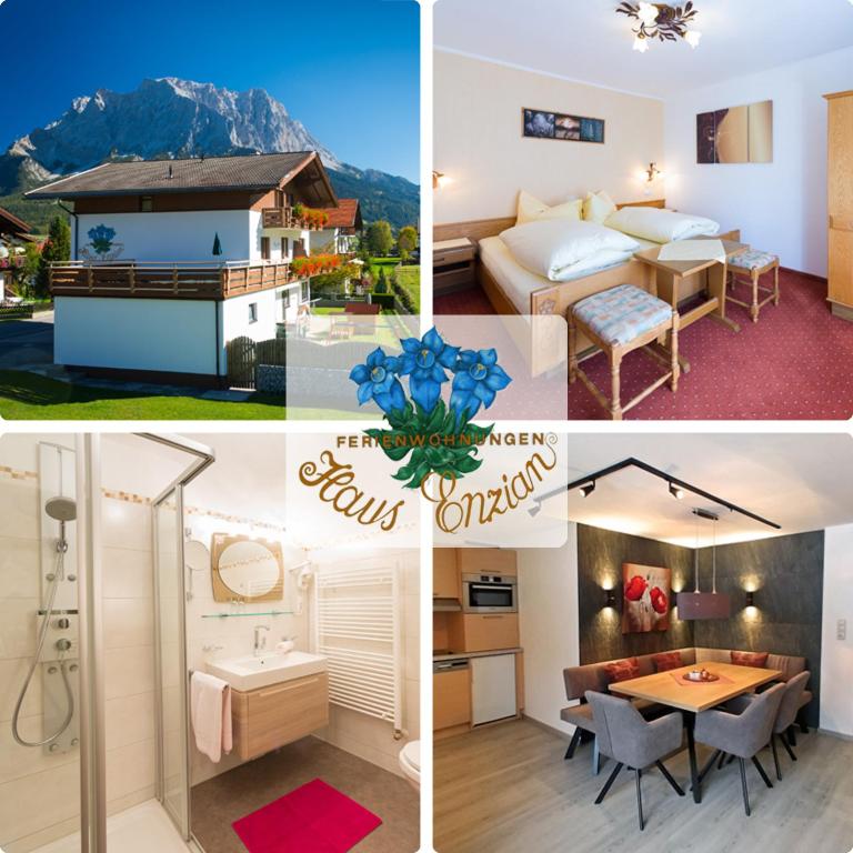 a collage of photos of a hotel room at Haus Enzian in Lermoos