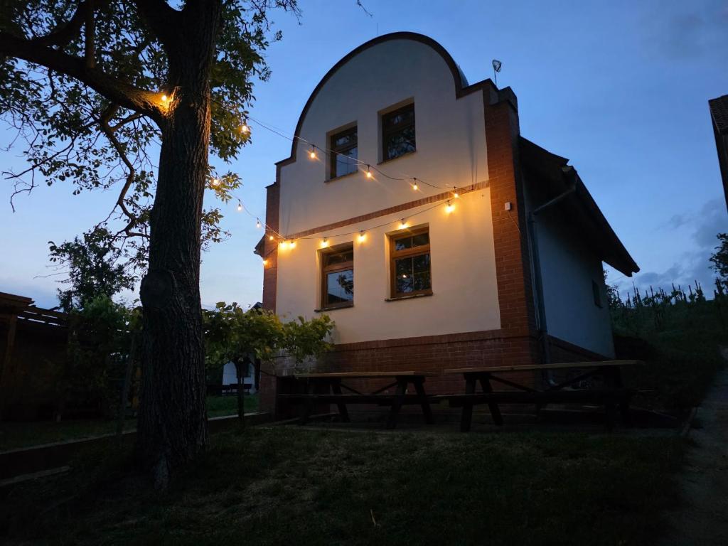 a small house with lights on the side of it at Apartmány Kutěj in Mutěnice