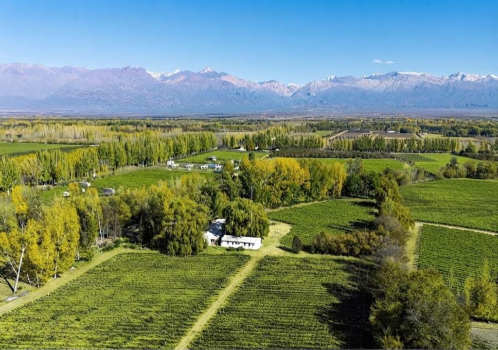 an aerial view of a farm with mountains in the background at Postales by DOT Boutique in Colonia Las Rosas