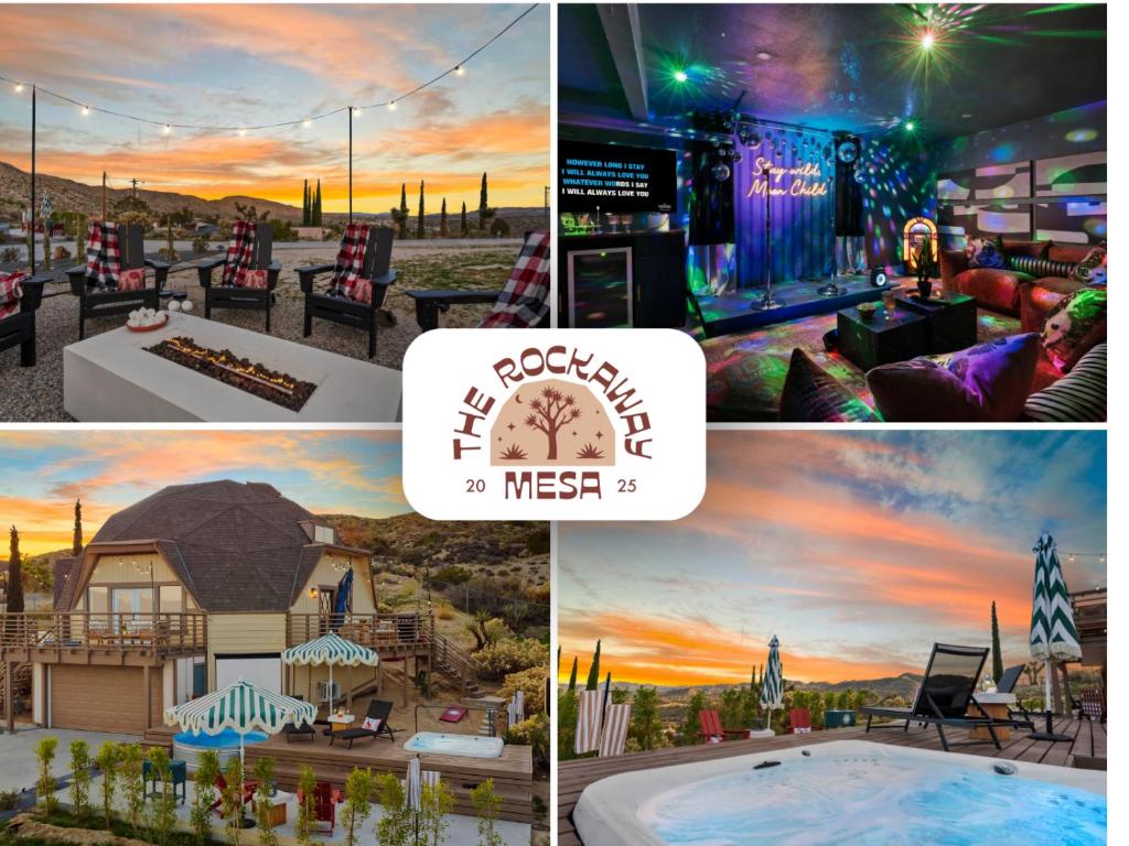 a collage of four pictures of a resort at Rockaway Mesa Dome Views Pool Karaoke Sauna in Yucca Valley